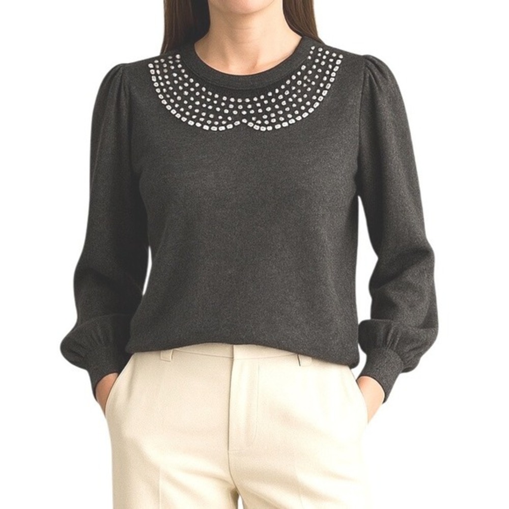 Zara Charcoal Gray Jewel Embellished Collar Long Sleeve Sweater Top L Chic 61-02